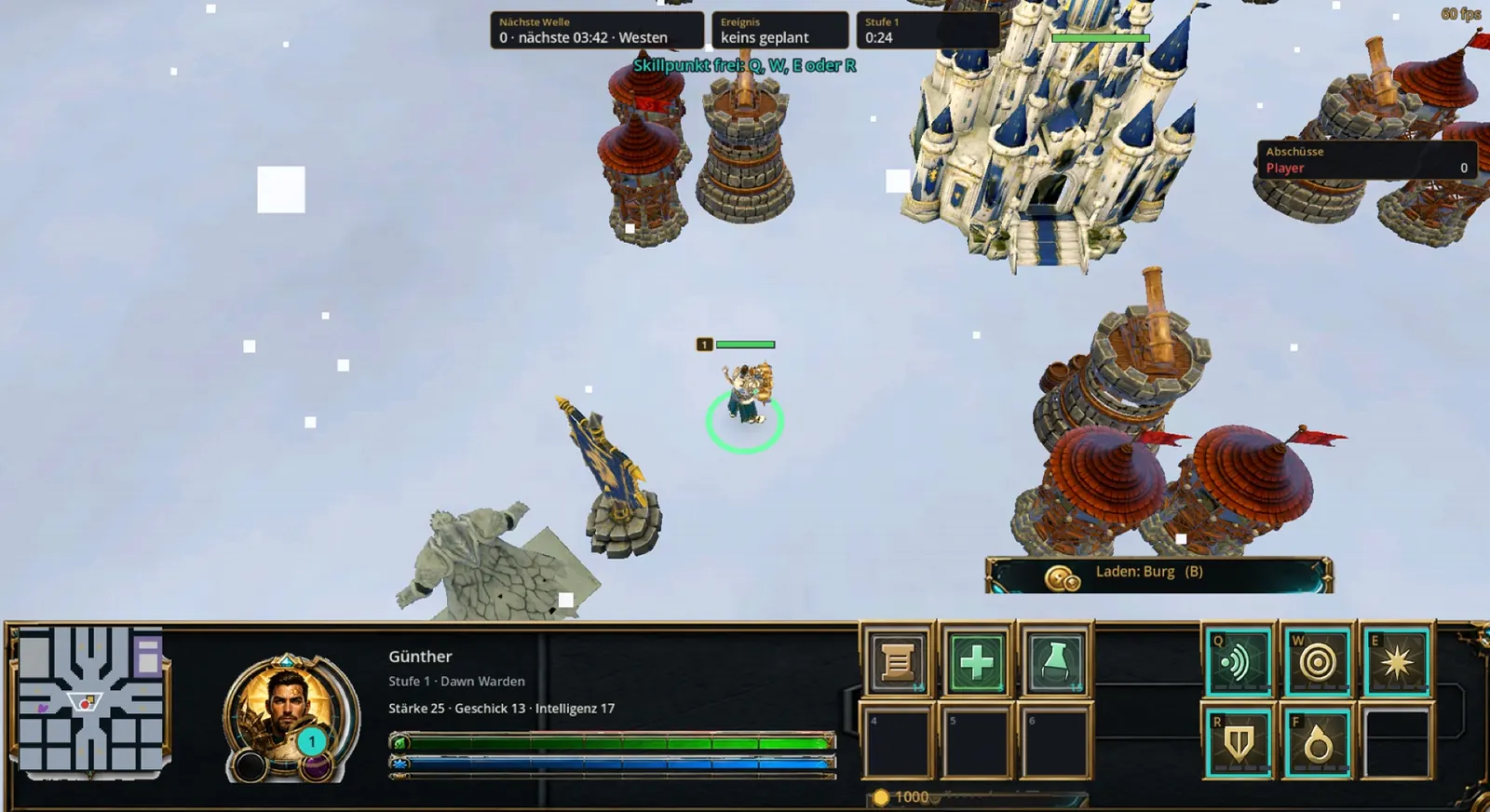 In-game view: the Dawn Warden in front of the keep and its tower ring, with the hero panel, minimap and ability bar