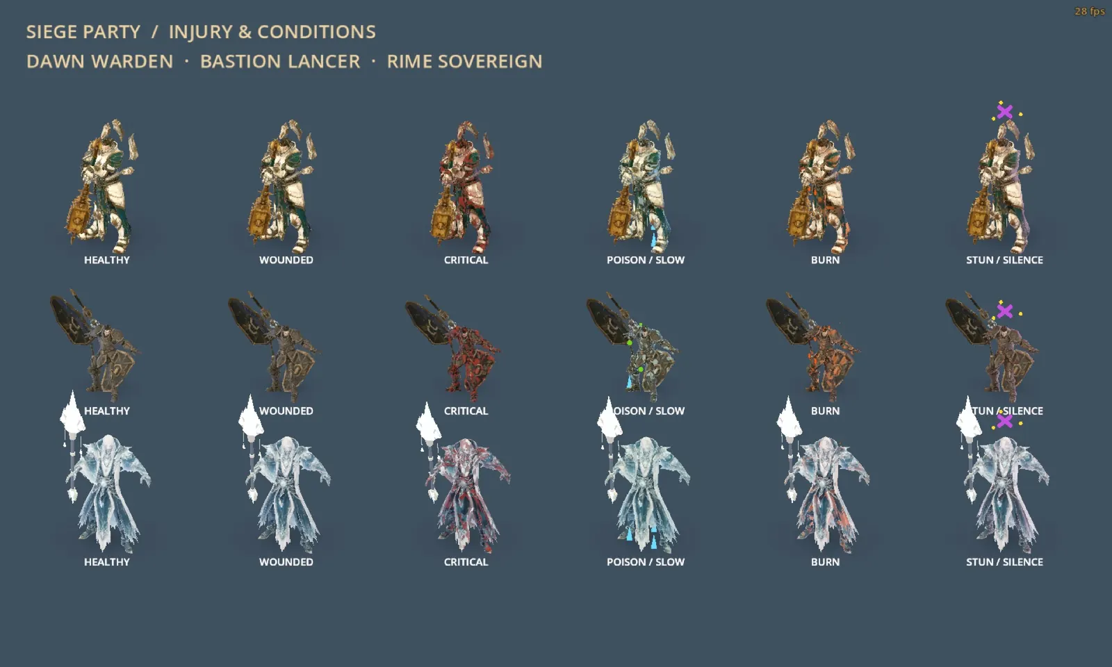 Three heroes shown healthy, wounded, critical and under poison, burn and stun effects